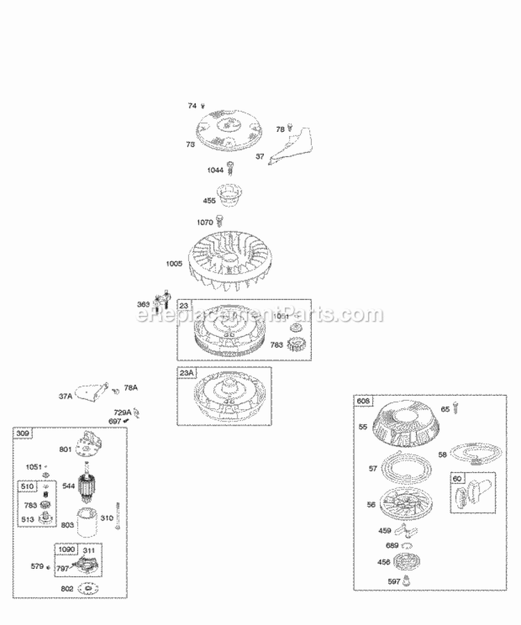 Electric Starter Flywheel Rewind Starter Diagram and Parts List for 216977-0116-E1  Briggs and Stratton Engine